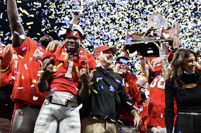 Kirby Smart and the Bulldogs celebrate after defeating LSU in the 2022 SEC Championship.